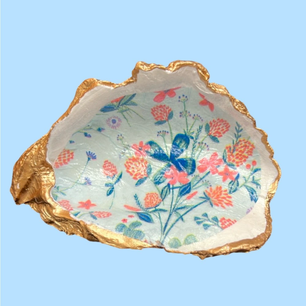 Oyster shell- Floral Trinket Dish with Gold Accents hand crafted